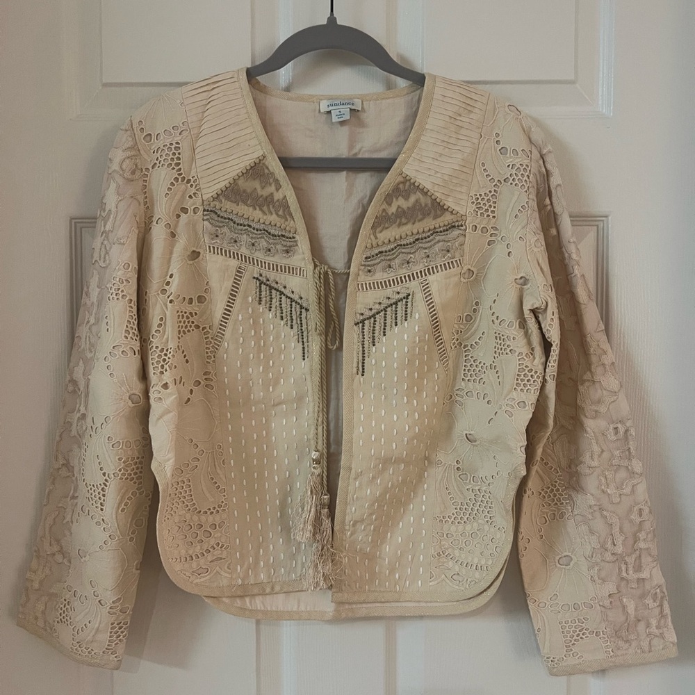 Sundance Boho Embroidered Lace & Tassel Open Front Jacket. RARE! EUC! Size small